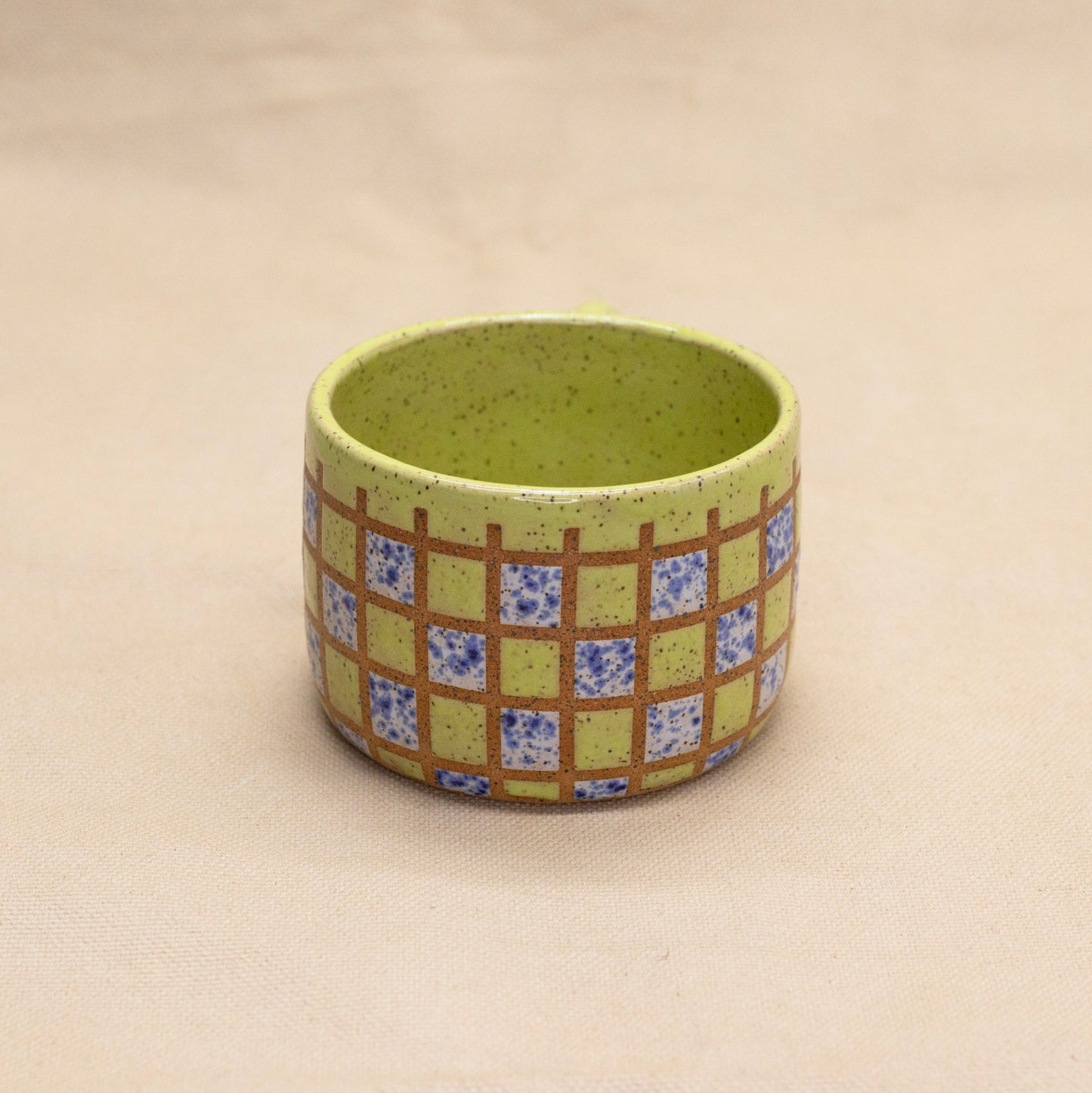 Chartreuse and Blue Splatterware Checker Mug by Wrecky Designs