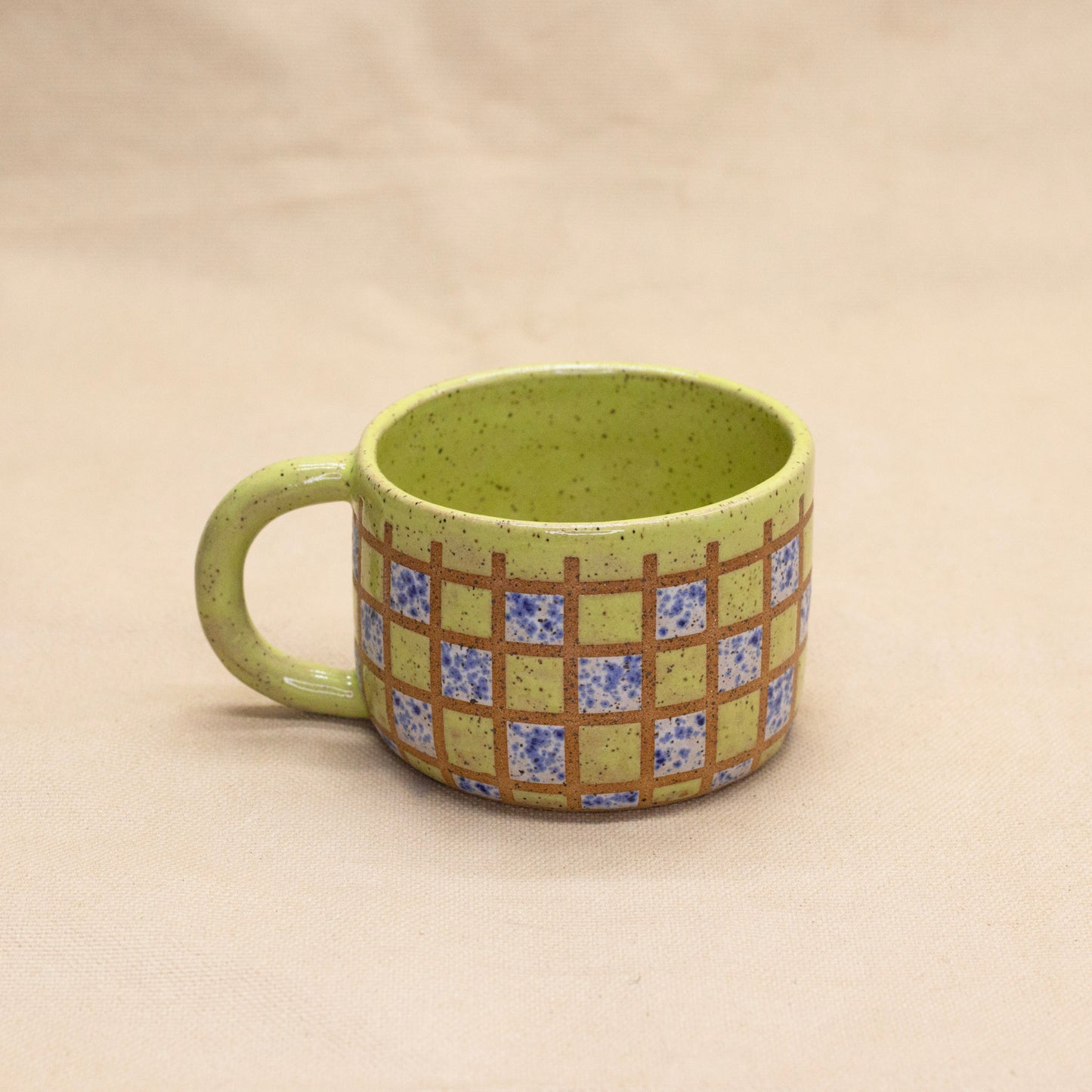 Chartreuse and Blue Splatterware Checker Mug by Wrecky Designs