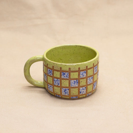 Chartreuse and Blue Splatterware Checker Mug by Wrecky Designs
