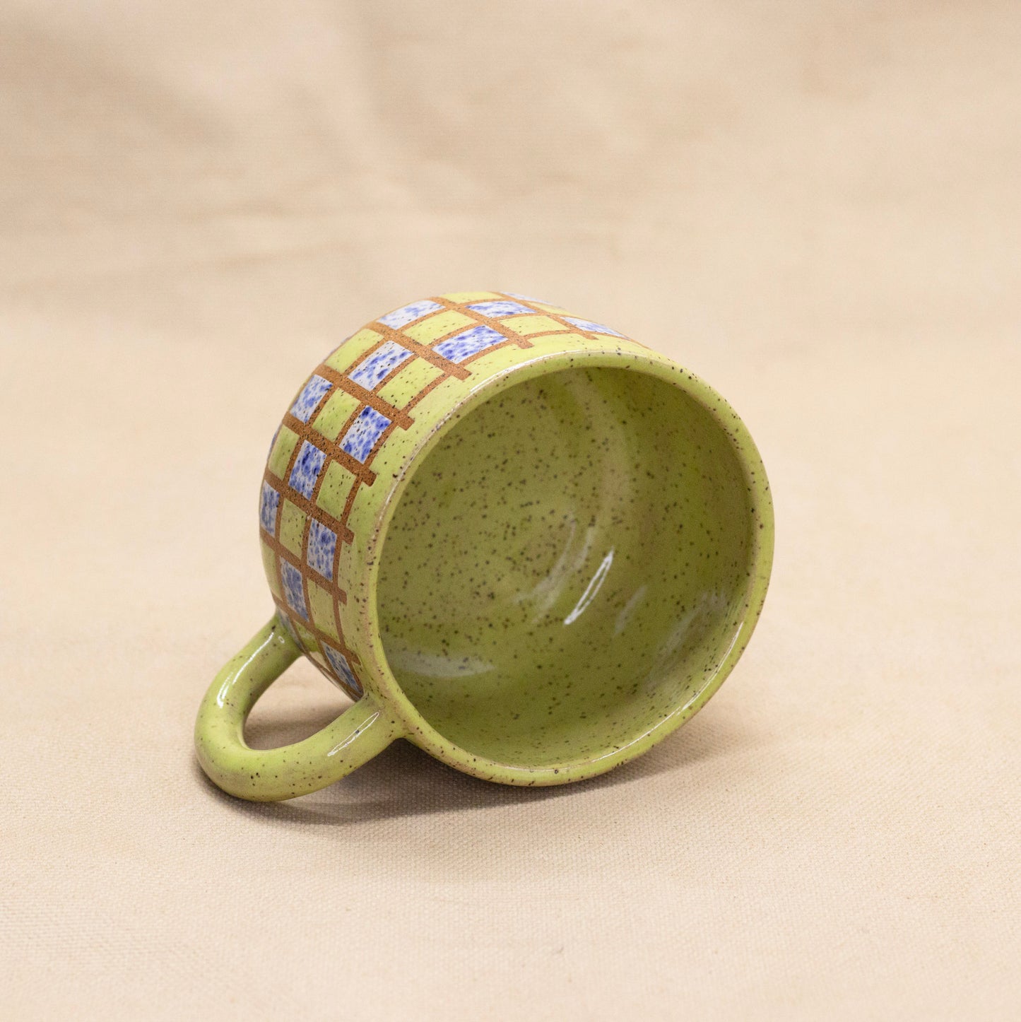 Chartreuse and Blue Splatterware Checker Mug by Wrecky Designs