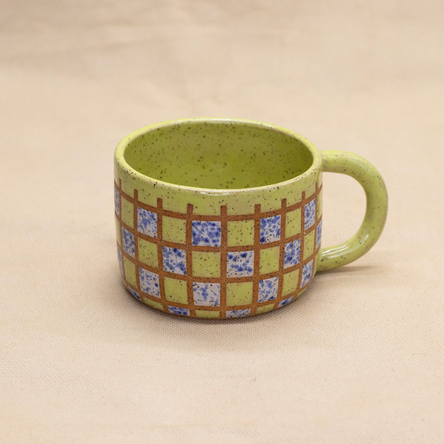 Chartreuse and Blue Splatterware Checker Mug by Wrecky Designs