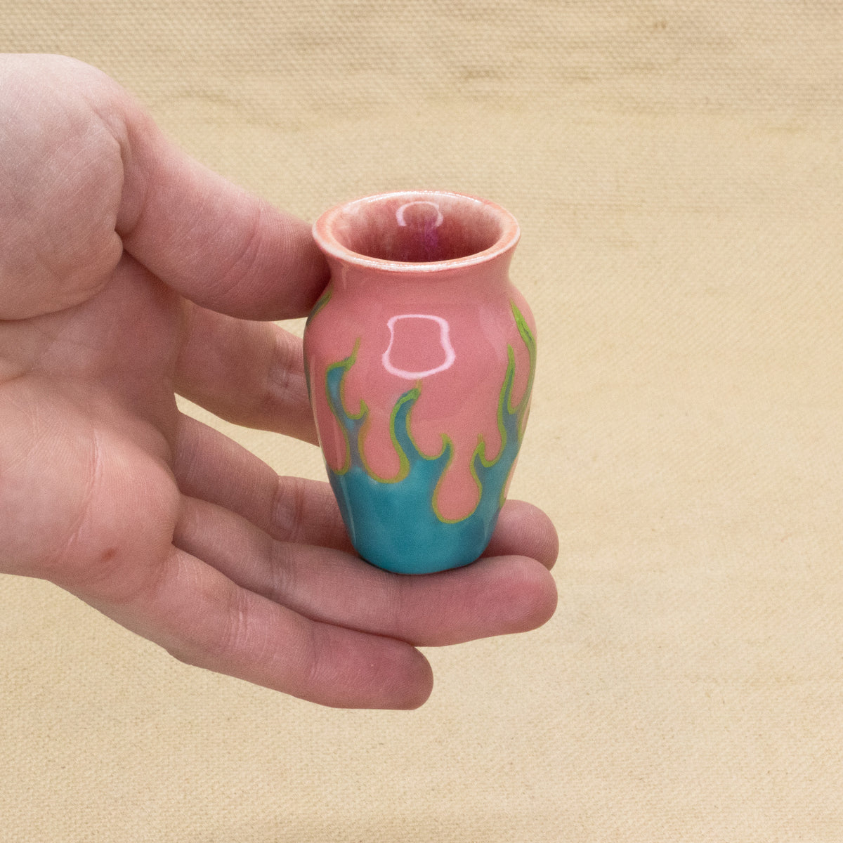 Pink with Turquoise Flames Smol Vase by The Introverted Potter